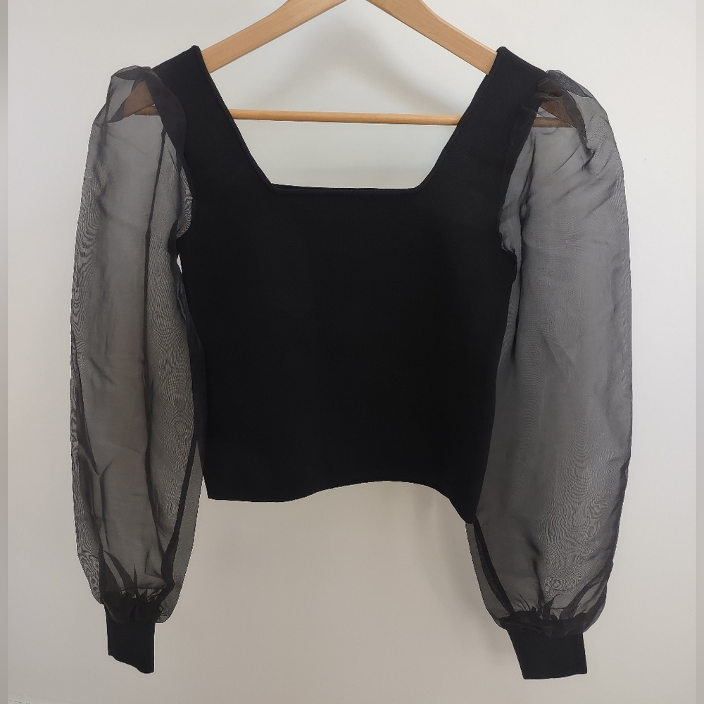 House of Harlow 1960 Sheer Puff Sleeves Knit Top